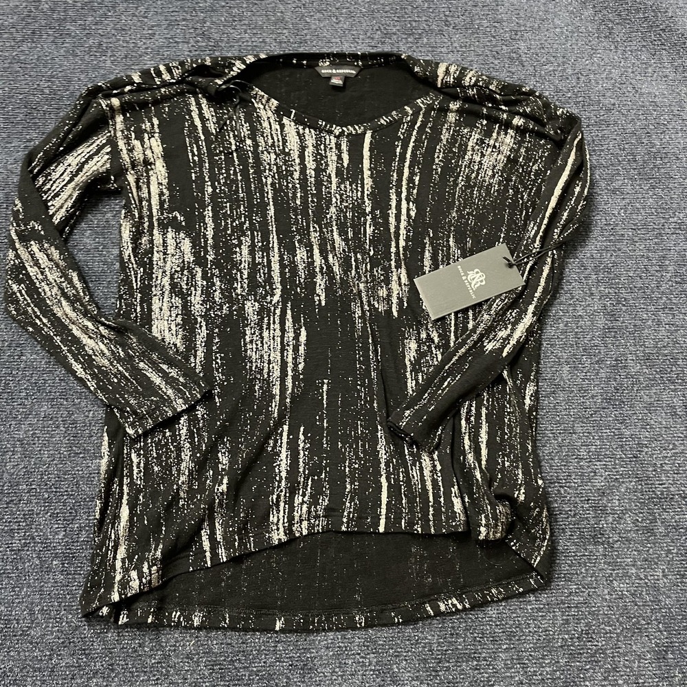 Rock & Republic Shirt Womens XL Black Metallic Abstract Stripe High Low Hem Top